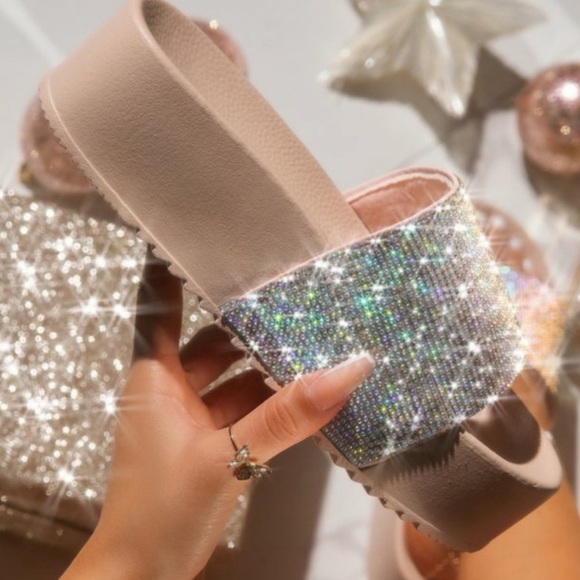 anthemoessa Shoes - Nude Rhinestone Platform Sandals